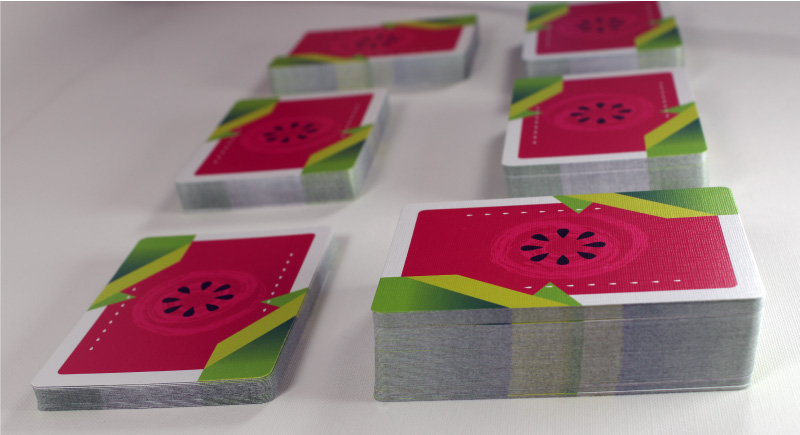watermelon designed cards, stacked in different cards per pack